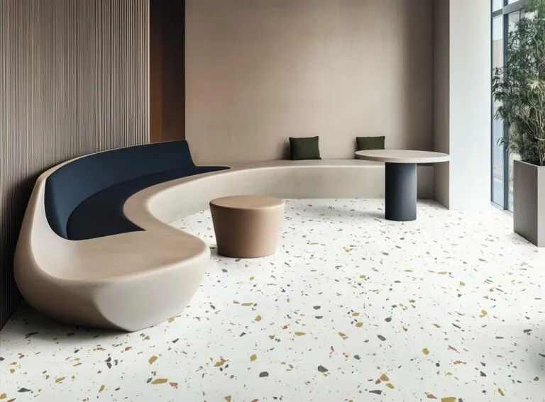 Stylish Opus Tiles flooring in a modern residential living room featuring a white base with colorful terrazzo speckles, complemented by contemporary furniture.
