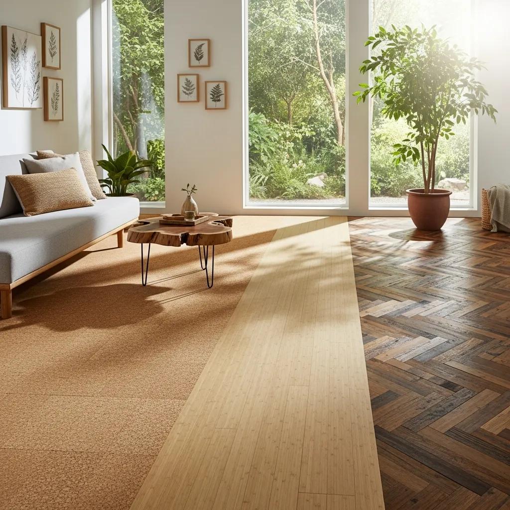Eco-friendly flooring options including bamboo, cork, and reclaimed wood in a modern home
