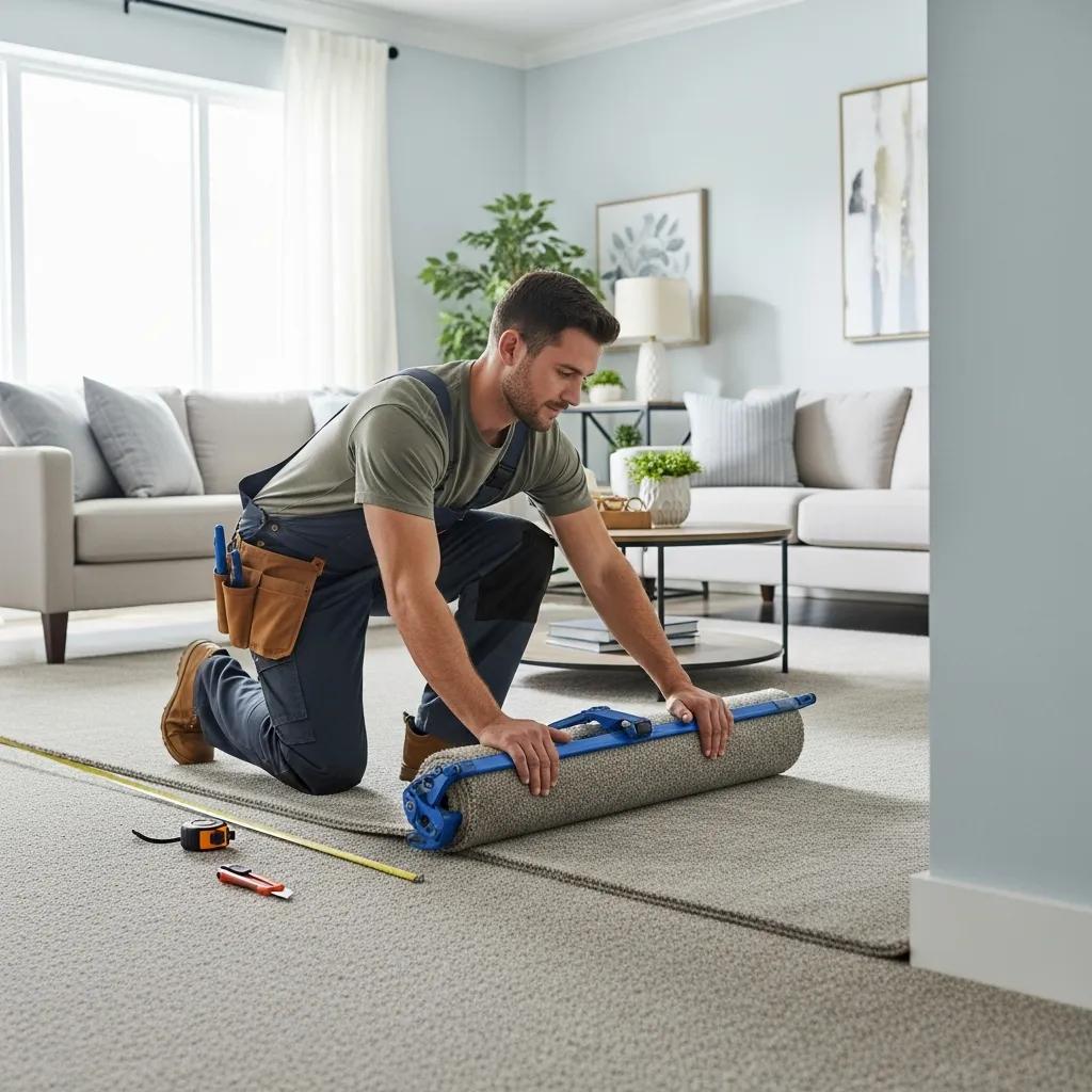 Professional installer laying carpet in a stylish living room