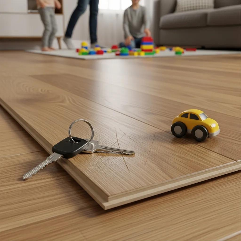 Close-up of laminate flooring sample showcasing durability and scratch resistance