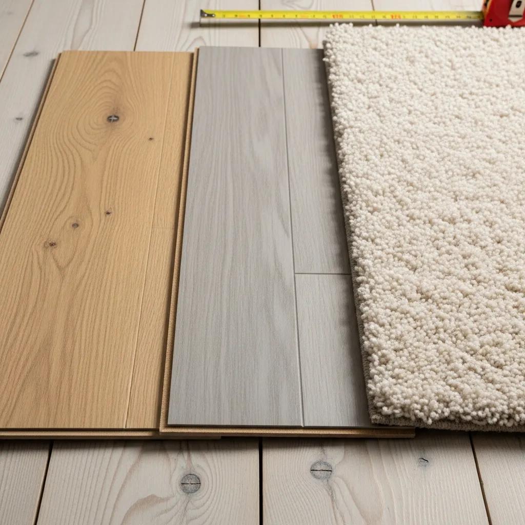 Close-up of various flooring material samples including vinyl, laminate, and carpet on a wooden surface