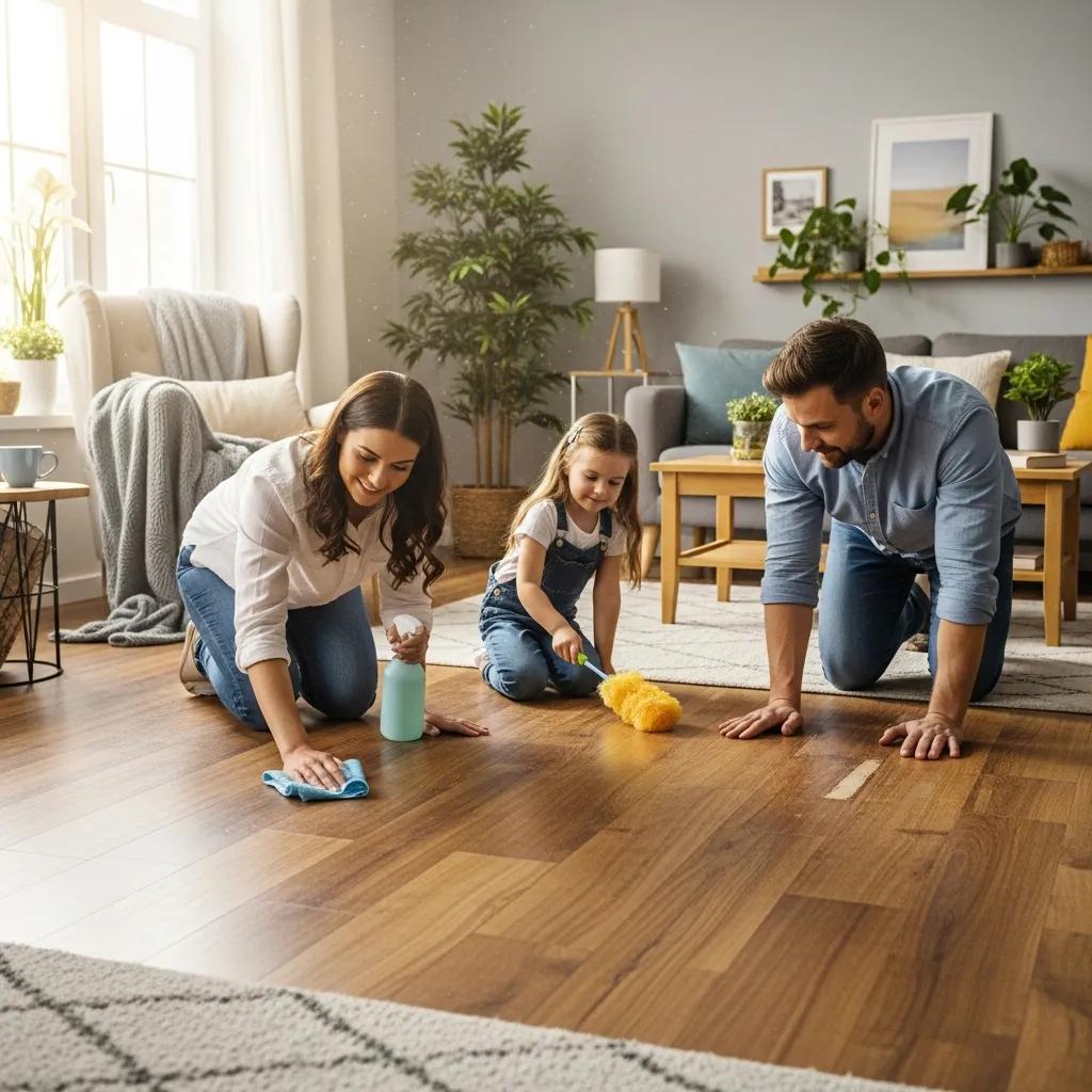 Family performing maintenance on hardwood flooring in a cozy living room, emphasizing cleanliness and care for the flooring.