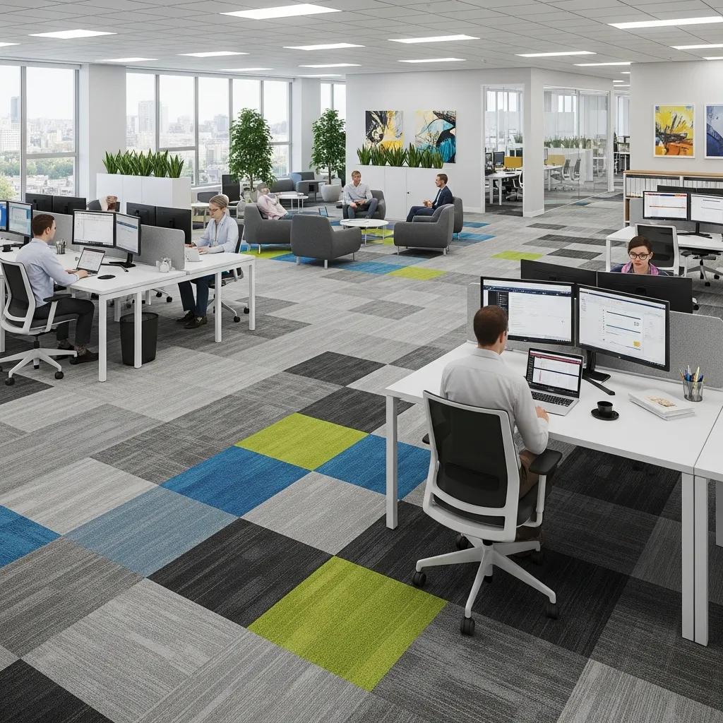 Modern office with colorful carpet tiles, illustrating design flexibility and durability