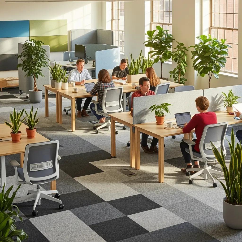 Open-plan office with carpet tiles improving acoustic comfort and employee collaboration