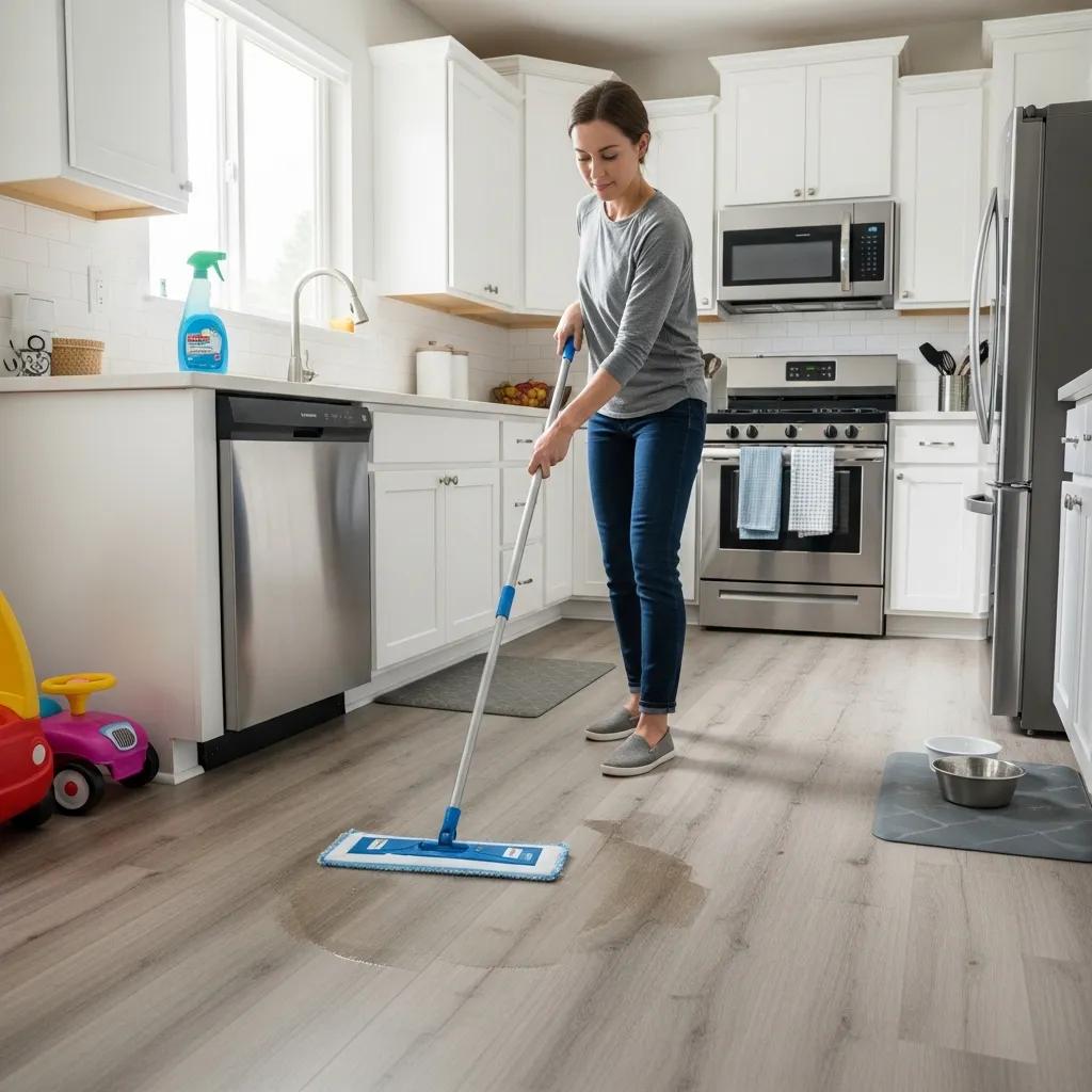 Person cleaning laminate flooring in a modern kitchen, highlighting easy maintenance