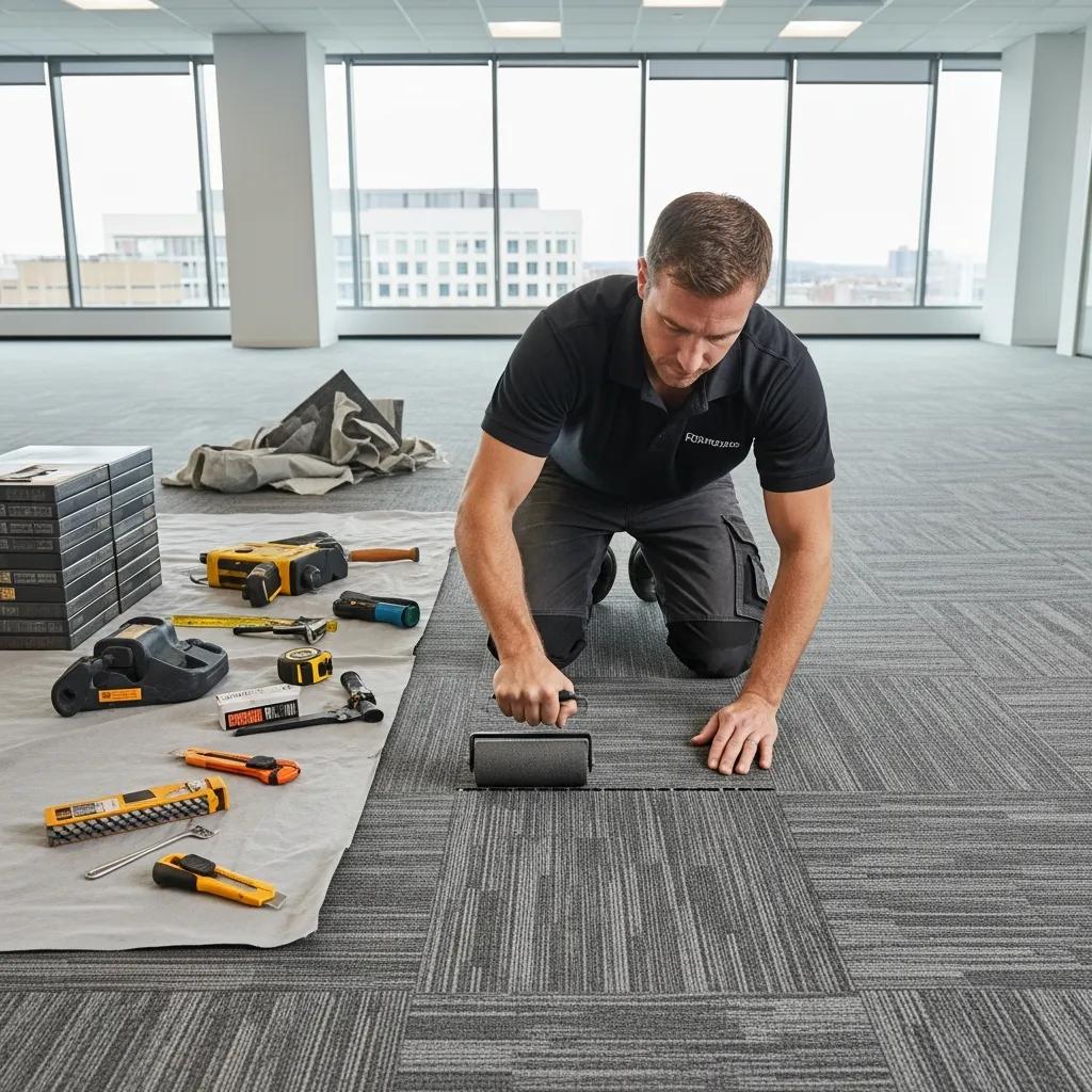 Professional installer laying commercial carpet, showcasing the installation process and attention to detail