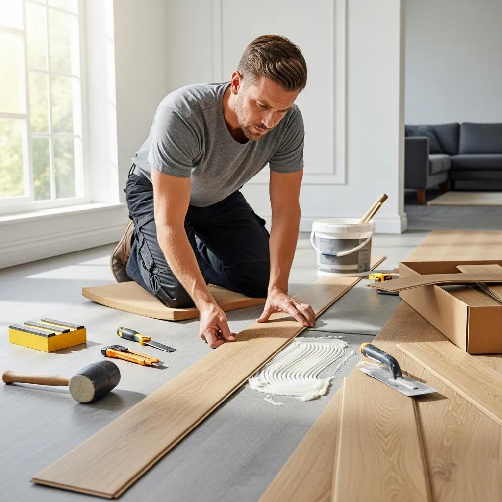 Professional installer laying vinyl flooring in a modern residential living room, surrounded by tools and materials for installation.