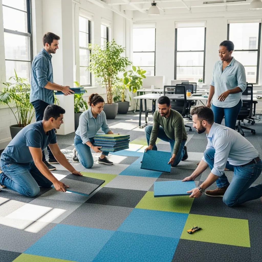 Team rearranging modular carpet tiles in an office, showcasing flexibility and adaptability