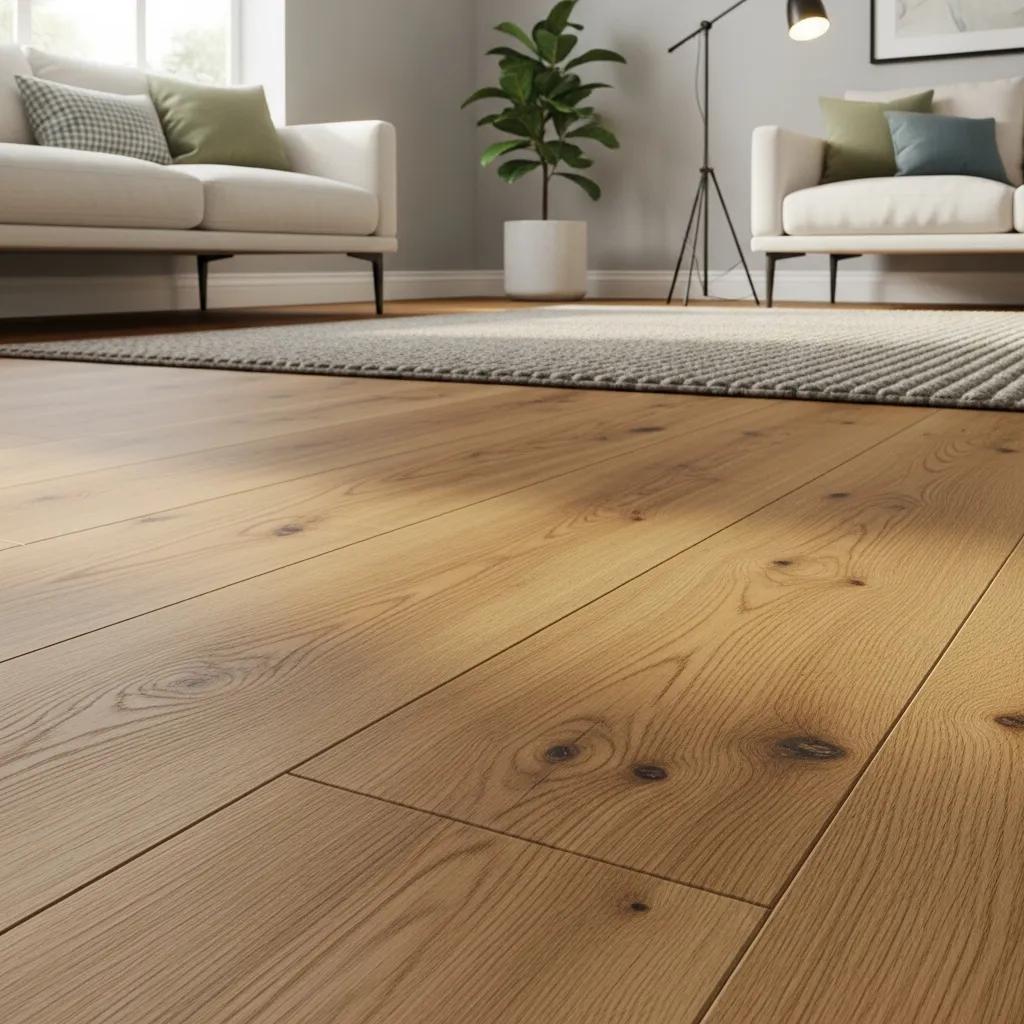 Close-up of oak laminate flooring, highlighting its natural beauty and elegant design in a stylish room