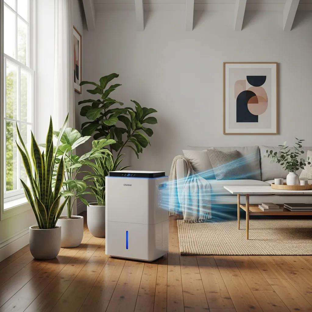 Dehumidifier in a stylish living space with wooden flooring