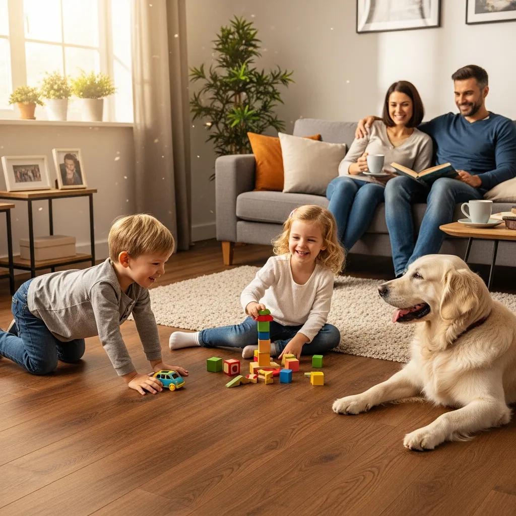Family enjoying time on scratch-resistant laminate flooring, emphasizing its durability and family-friendly nature