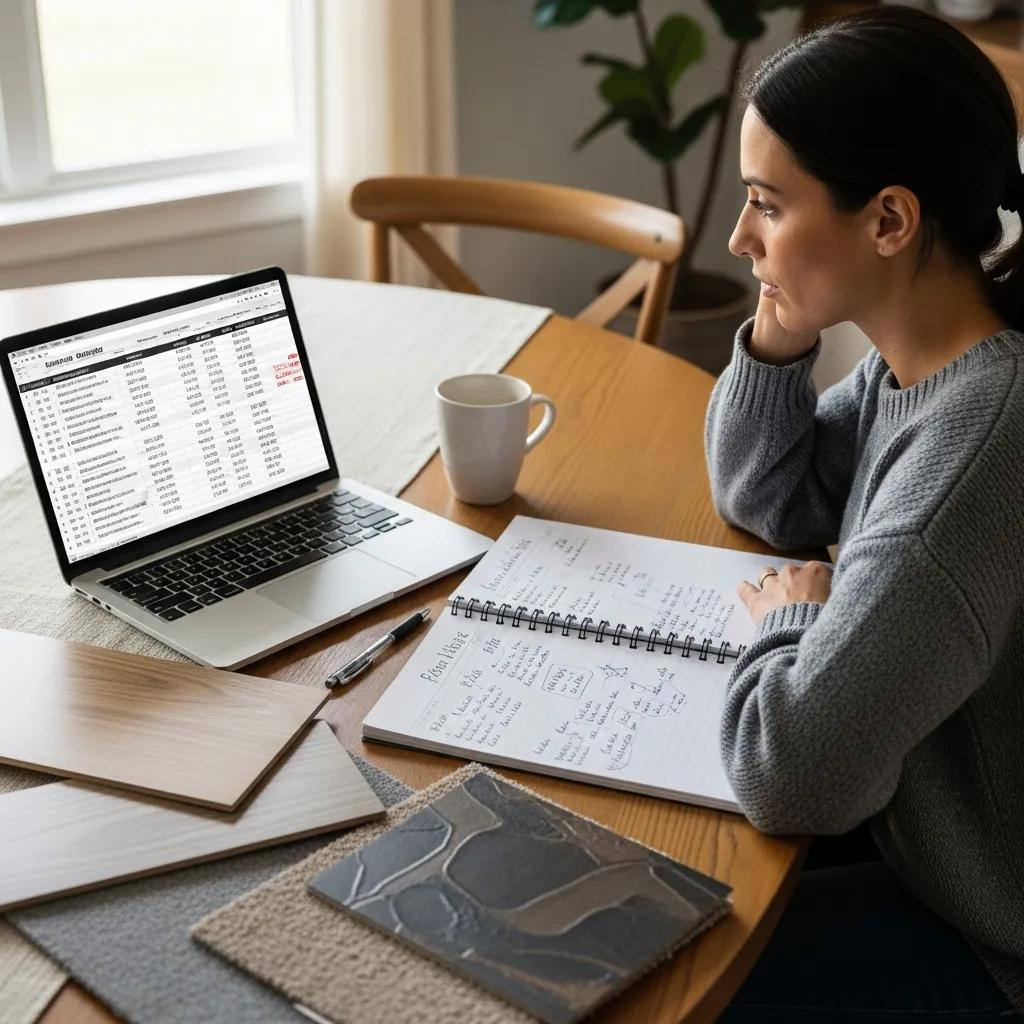 Homeowner comparing flooring installation quotes with samples and a laptop, emphasizing the importance of transparent pricing