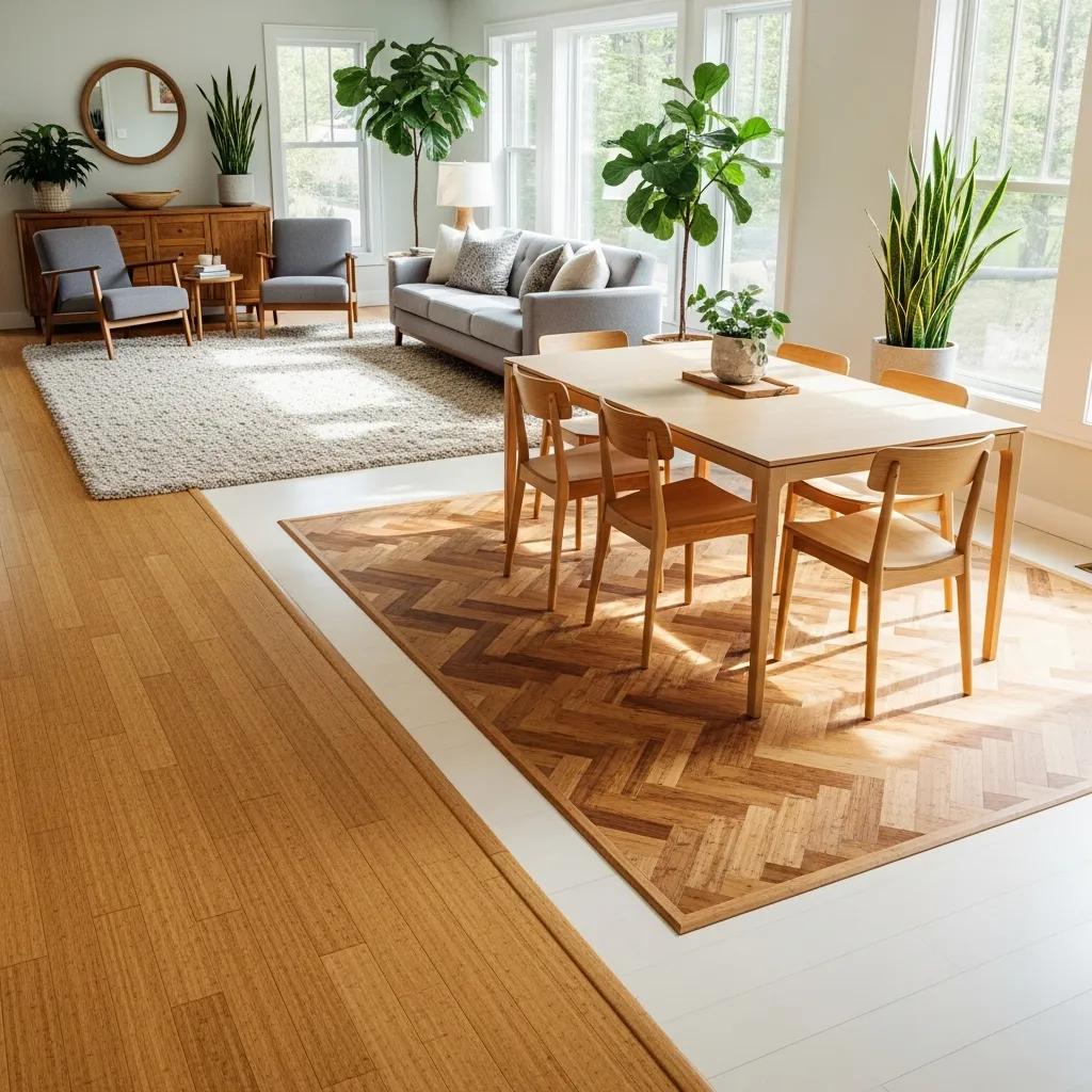 Interior space with eco-friendly bamboo and cork flooring showcasing natural textures