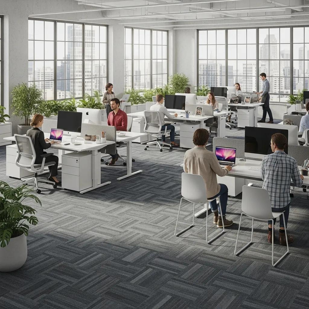 Modern office space featuring durable commercial carpet tiles in a professional environment, with multiple workstations and large windows.
