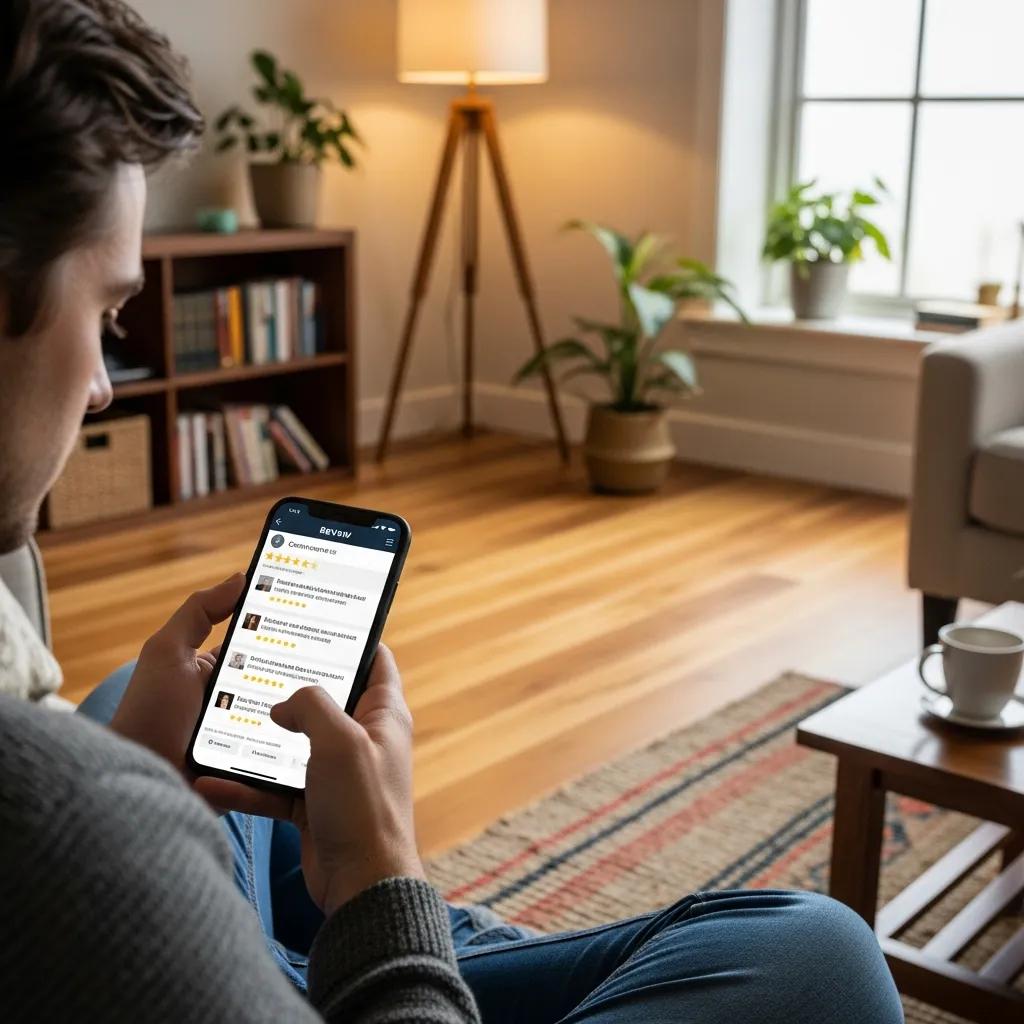 Person reading customer reviews on a smartphone in a cozy living room, highlighting the importance of testimonials in choosing flooring contractors