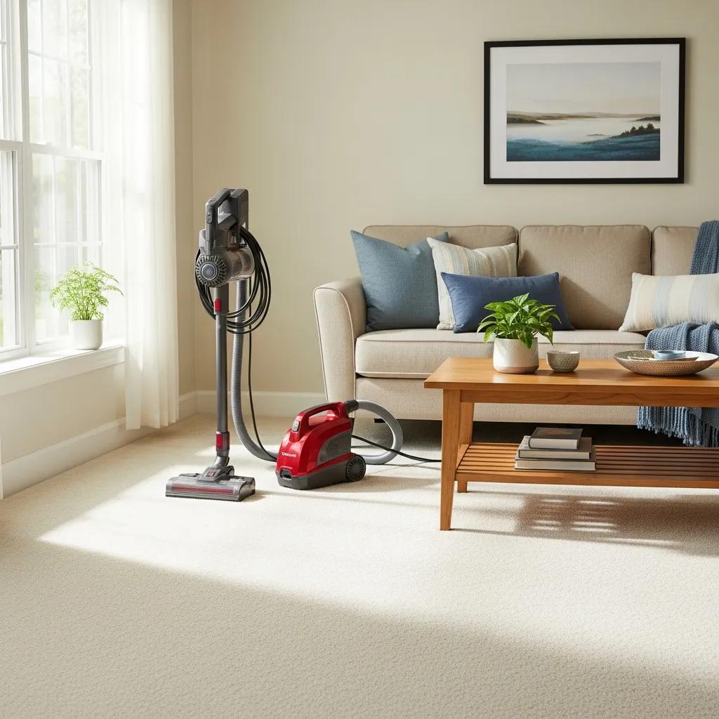 Well-maintained residential carpet in a cozy living room setting with cleaning tools, including a vacuum cleaner and a carpet cleaner, enhancing comfort and style.