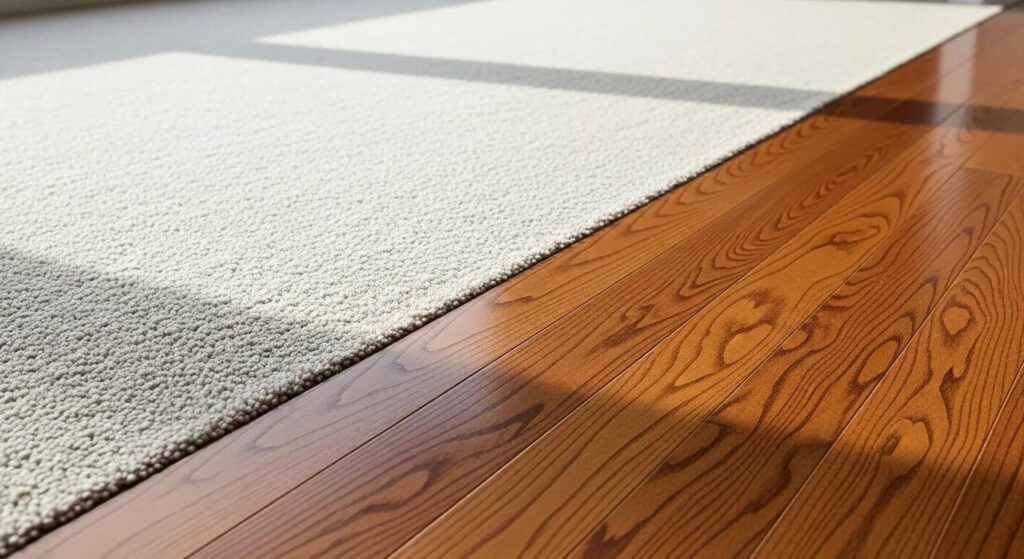 Beige carpet meeting light timber flooring in a living space