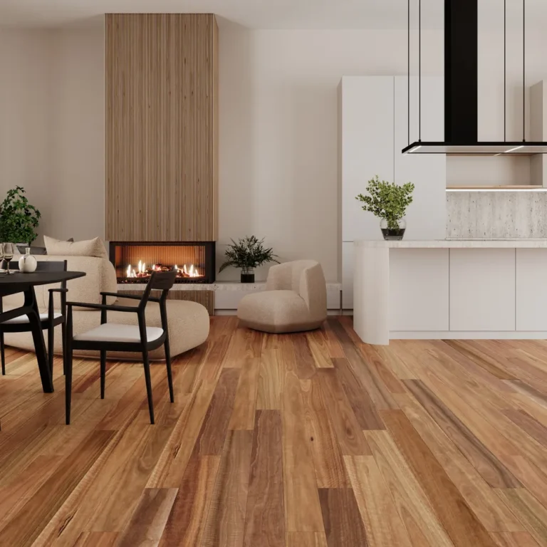 Spotted Gum (Matte Brushed) hybrid timber flooring in a modern living room setting with a cozy fireplace and contemporary furniture.