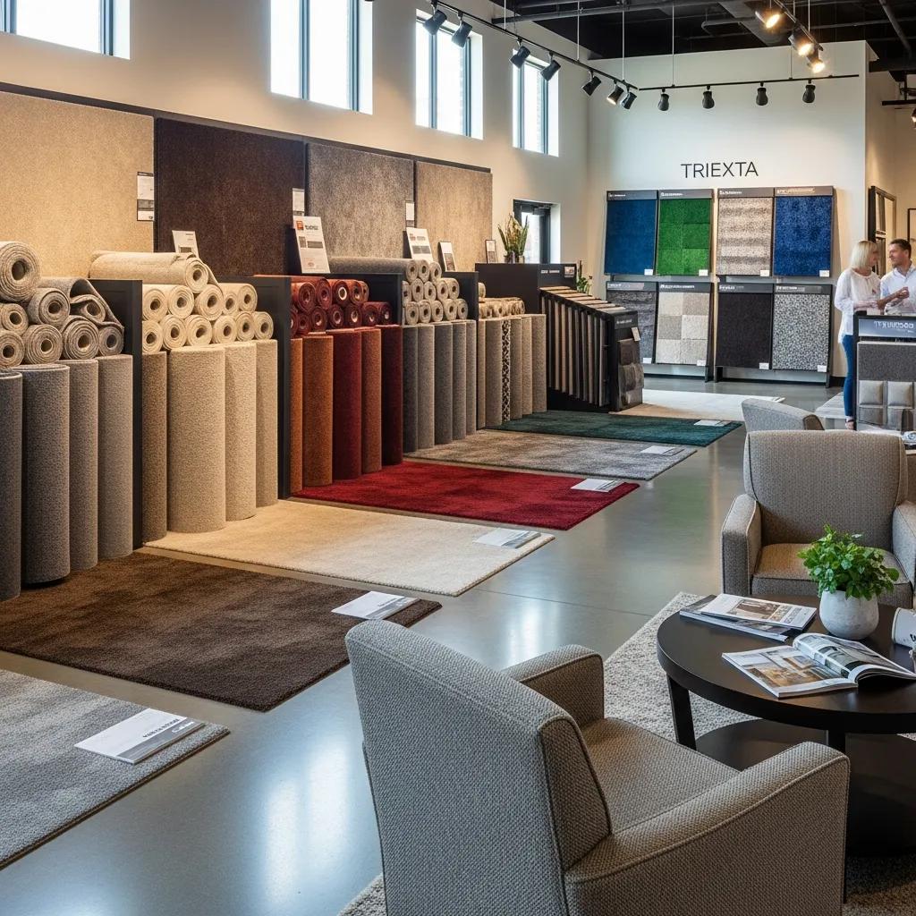 Display of various carpet types including nylon, wool, and triexta in a showroom