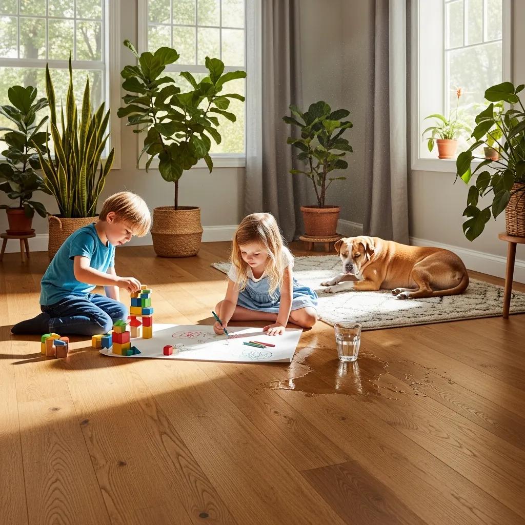 Family enjoying time at home on engineered timber flooring, showcasing durability and moisture resistance