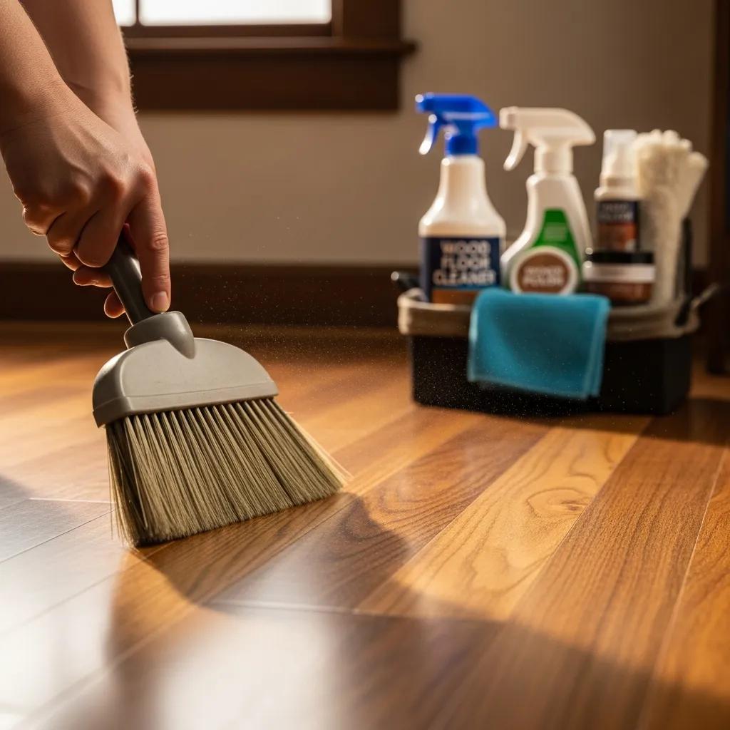 Person cleaning solid hardwood flooring, emphasizing maintenance and care for longevity