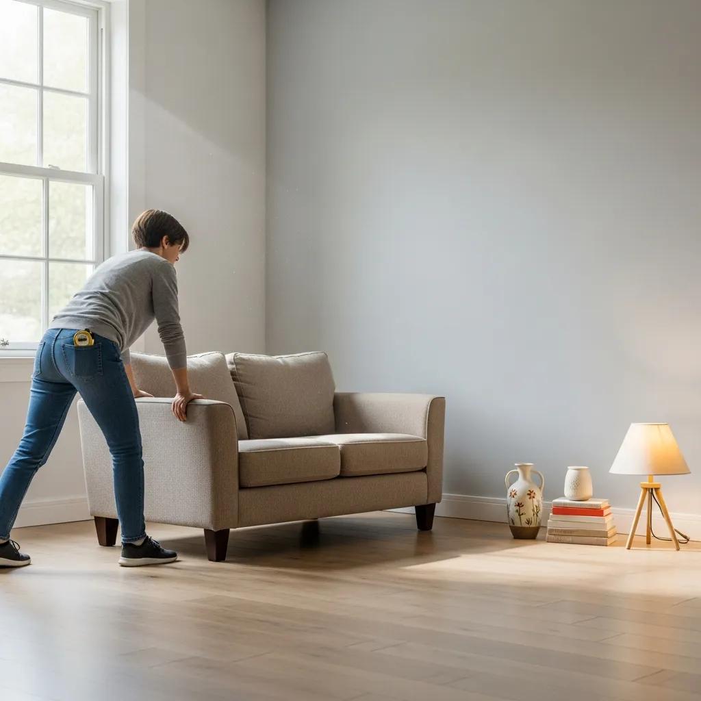 Person clearing a room of furniture for flooring measurement, illustrating preparation steps
