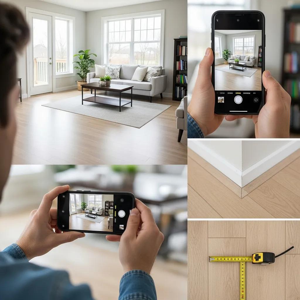 Person photographing a room for flooring quote, highlighting the documentation process