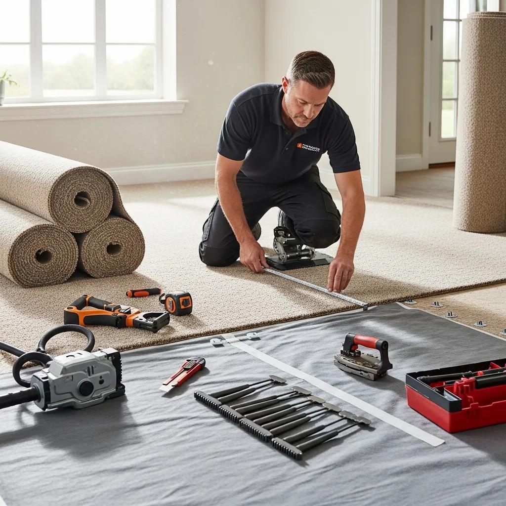 Professional carpet installer measuring and preparing the subfloor for installation