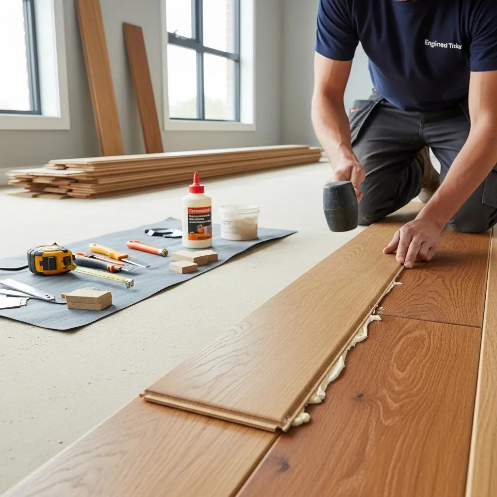 Professional installer laying engineered timber flooring, showcasing the installation process and materials