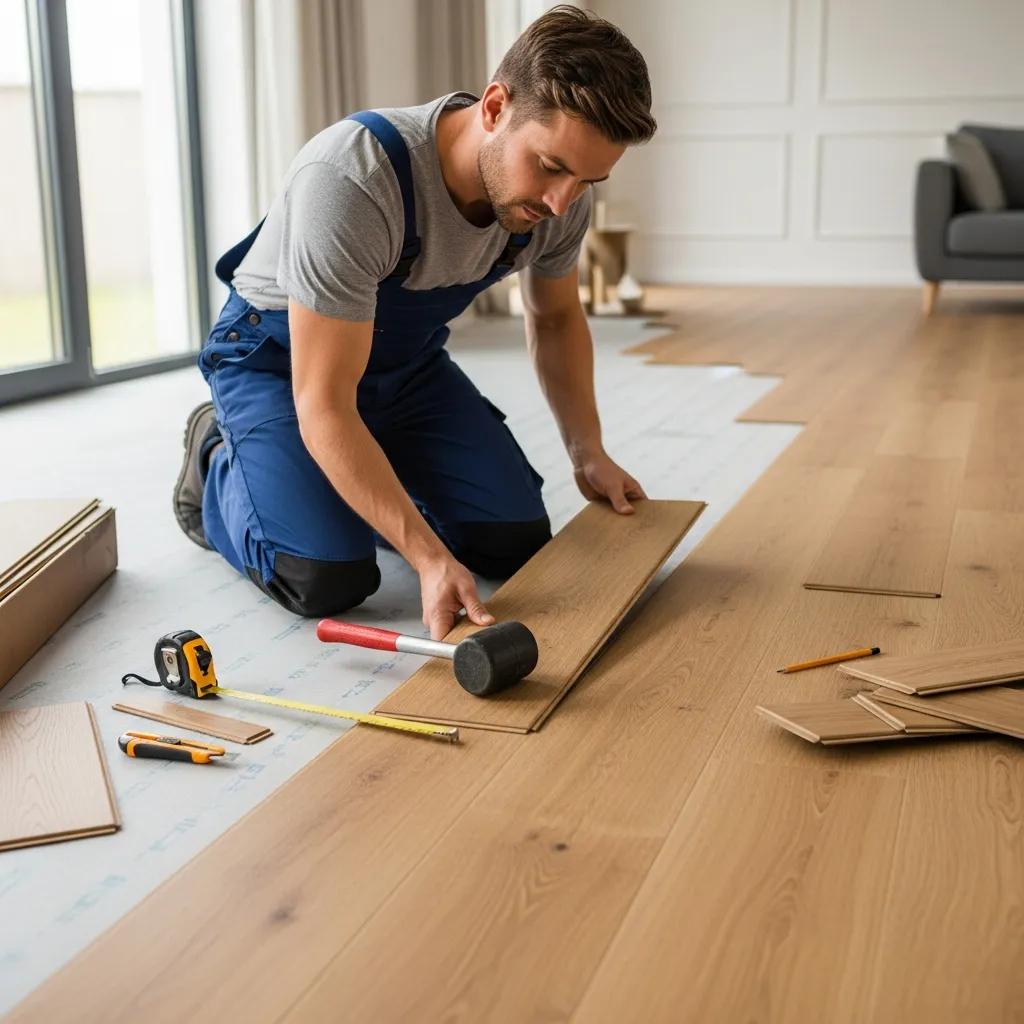 Professional installer laying hybrid flooring, showcasing quality installation techniques