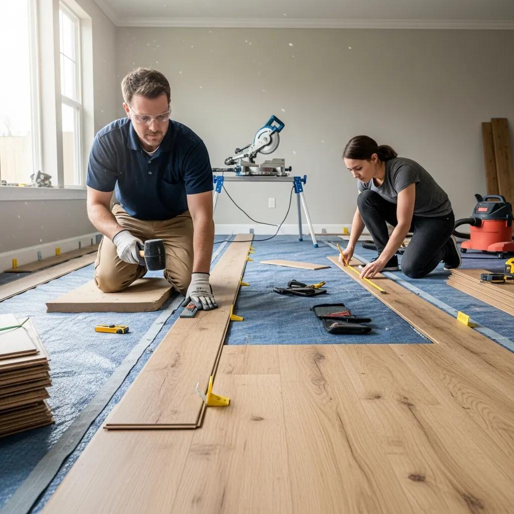 Technicians installing laminate flooring, demonstrating professional installation process and attention to detail