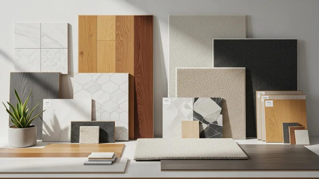 Flooring samples in timber, tile and carpet looks for choosing flooring by interior style