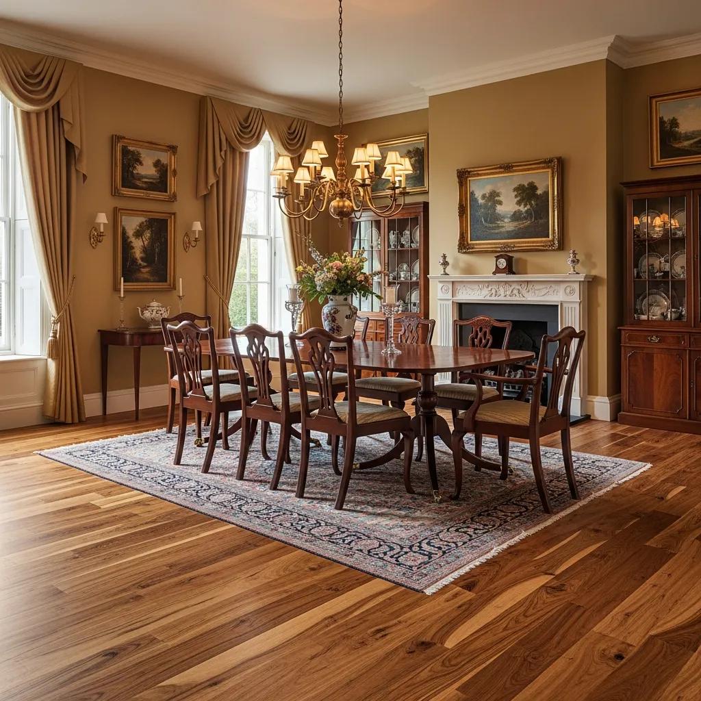Classic dining room with rich timber flooring enhancing traditional interior design