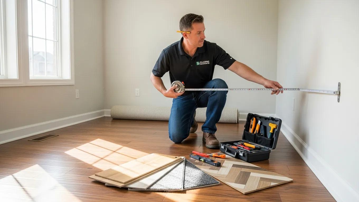 Flooring specialist measuring a room for new flooring installation, with samples and tools