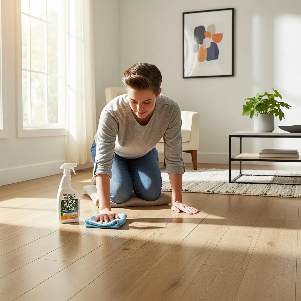 Homeowner maintaining hybrid flooring, demonstrating cleaning tips and the durability of the product