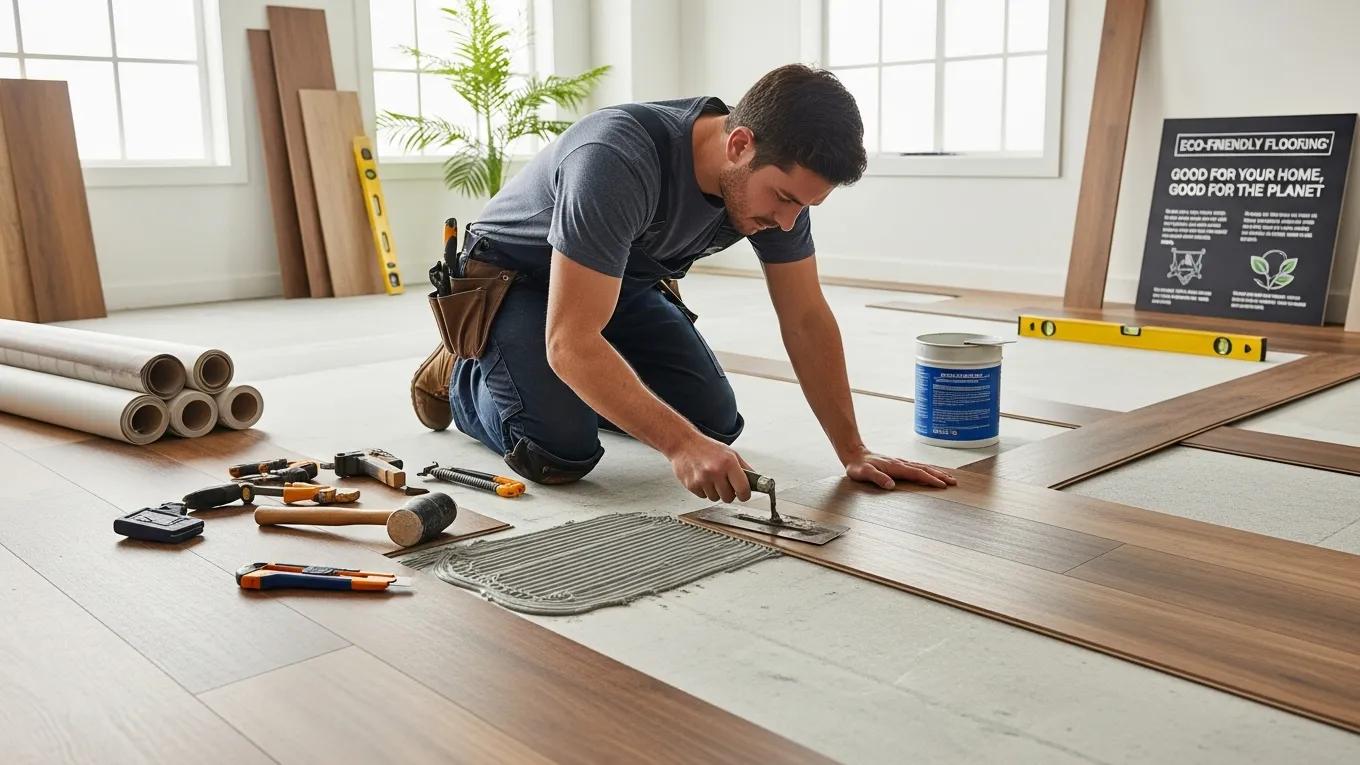 Installer using eco-friendly materials and low-VOC adhesives during vinyl flooring installation