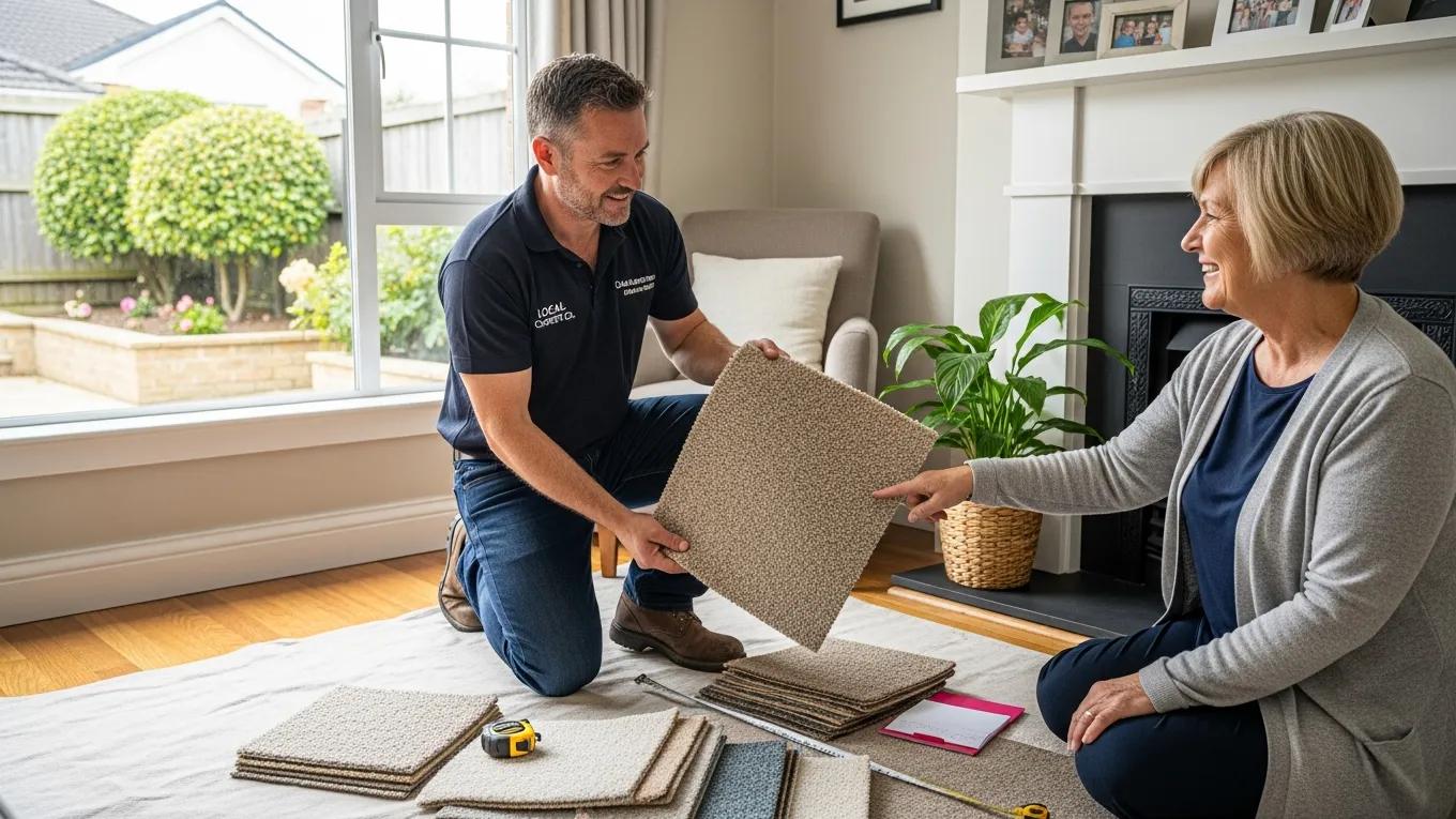 Local carpet installer discussing options with a property owner, highlighting personalized service and community support