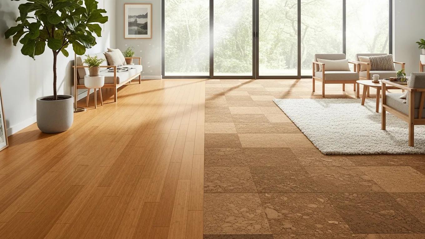 Modern interior with eco-friendly bamboo and cork flooring highlighting sustainable design