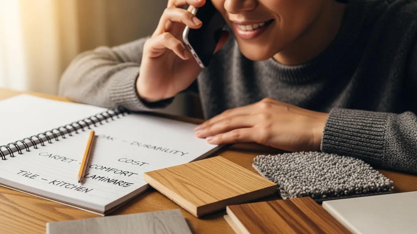 Person on the phone discussing flooring options with a supplier, surrounded by flooring samples