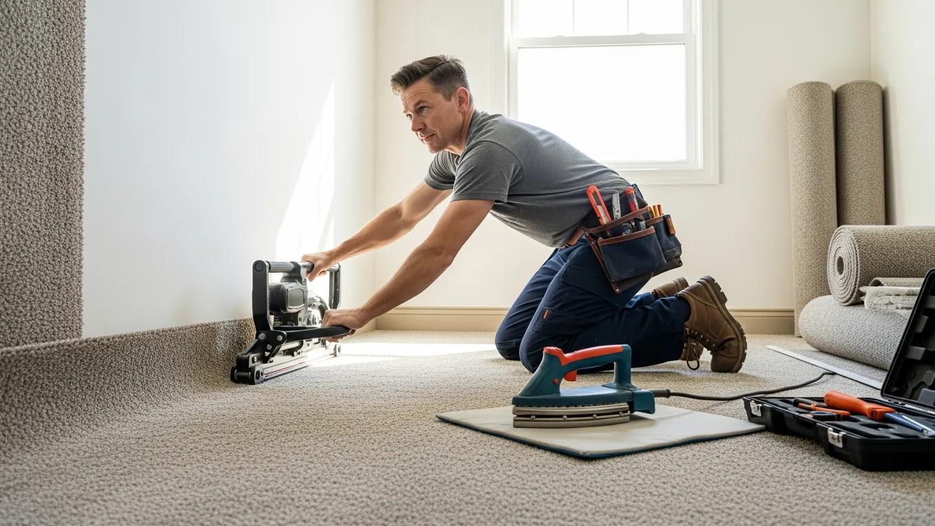 Professional installer demonstrating expert carpet installation techniques