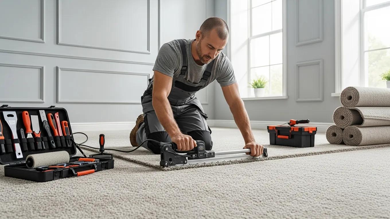 Professional installer laying carpet in a stylish room, highlighting quality and installation