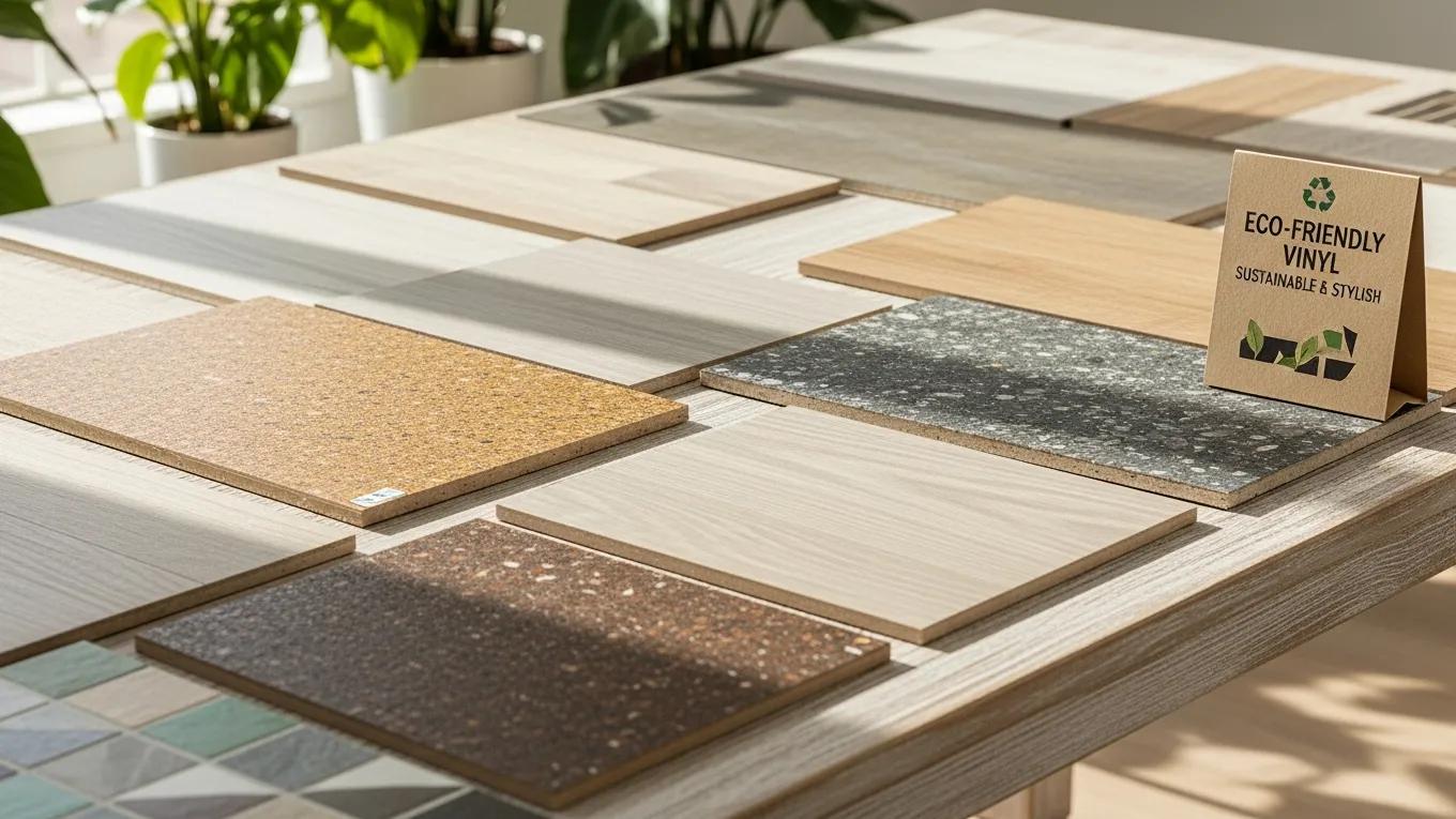 Samples of eco-friendly vinyl flooring highlighting material sourcing with recycled textures