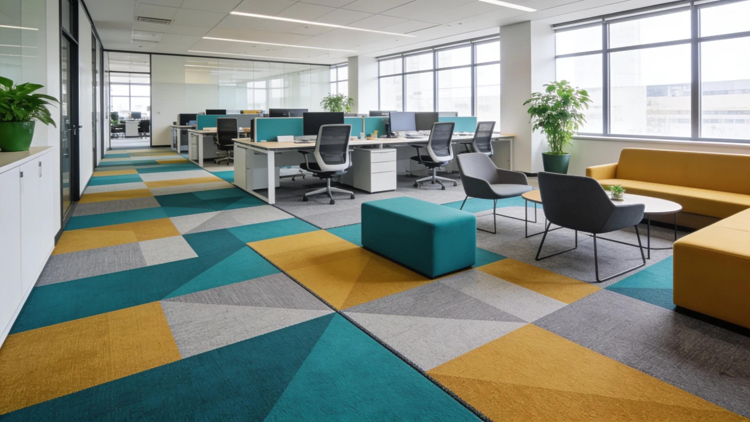 Vibrant carpet tiles in a modern office setting showcasing design flexibility and functionality
