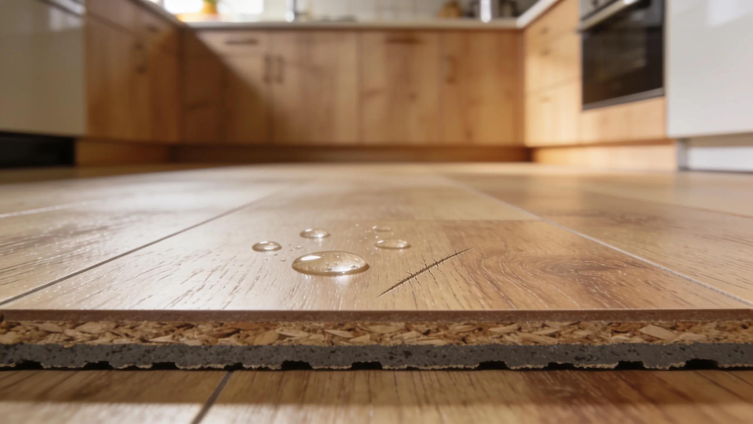 Close-up of water-resistant hybrid flooring in a kitchen, emphasizing durability and design.