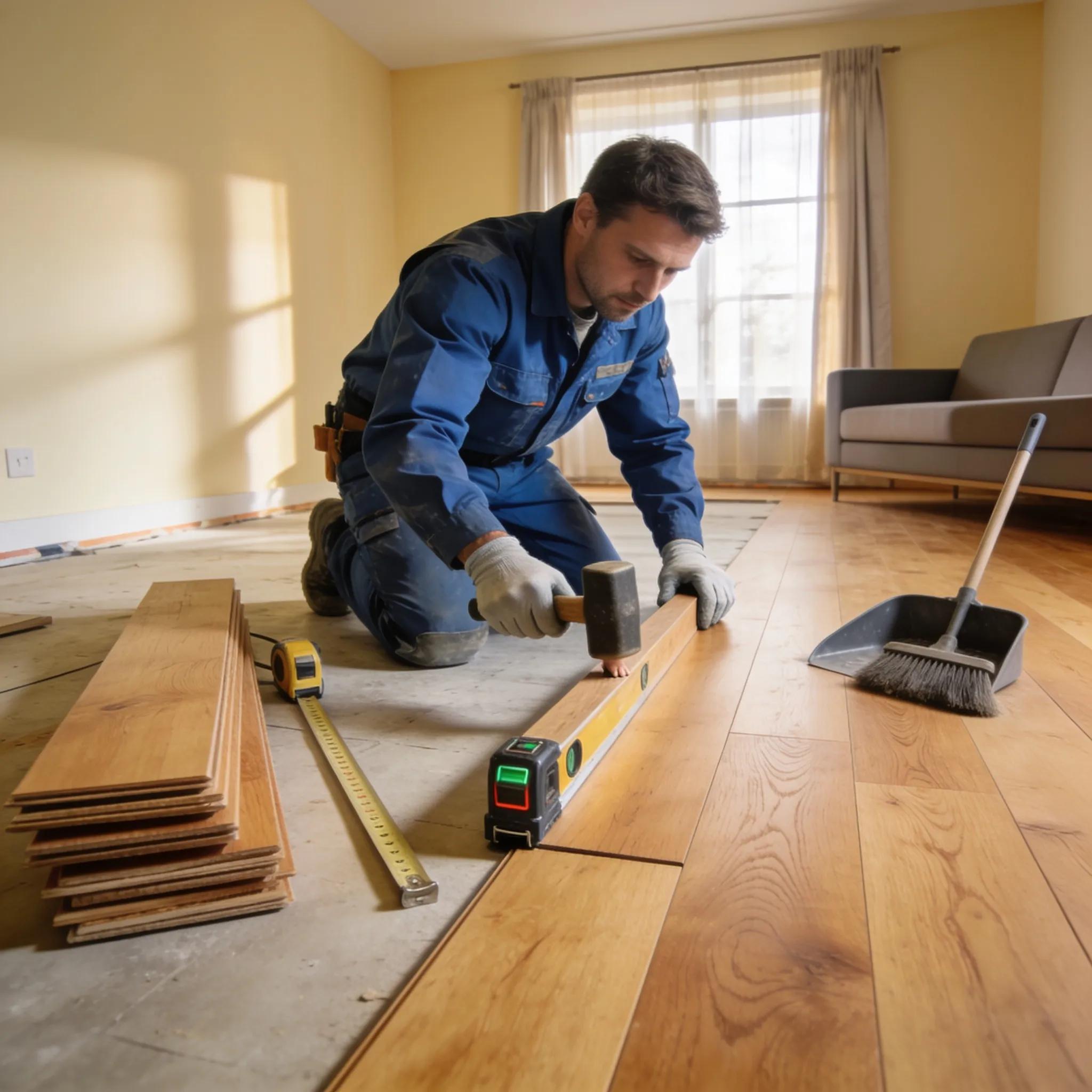 Professional flooring installer working on timber flooring installation in a stylish home