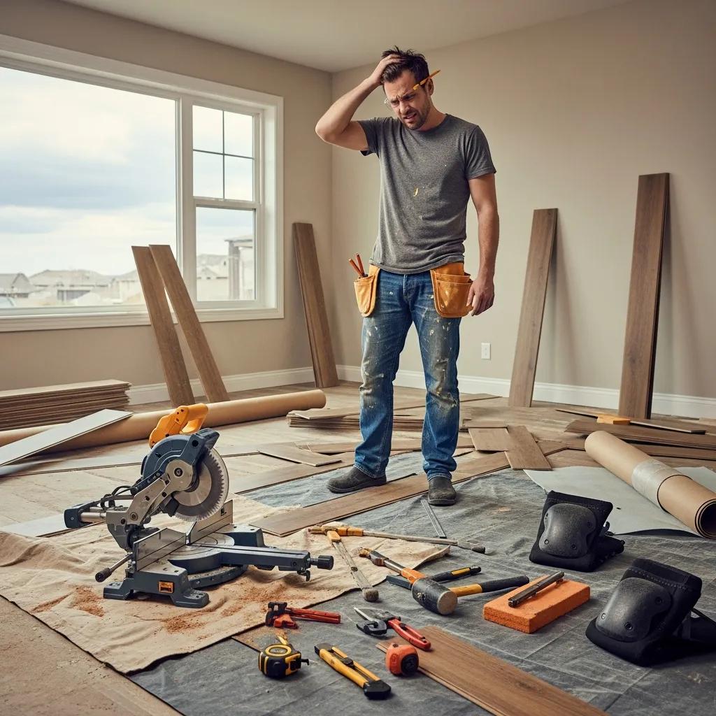 A DIYer encountering challenges during a flooring installation, illustrating the potential pitfalls and risks of DIY projects