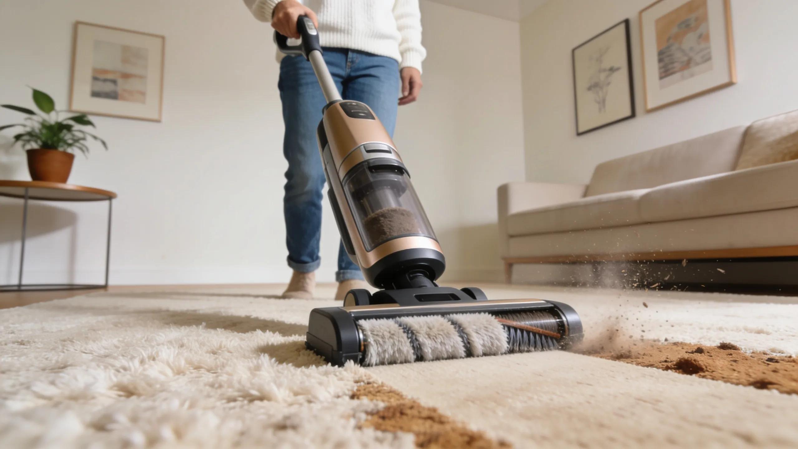 Person vacuuming a carpet, highlighting effective carpet cleaning methods