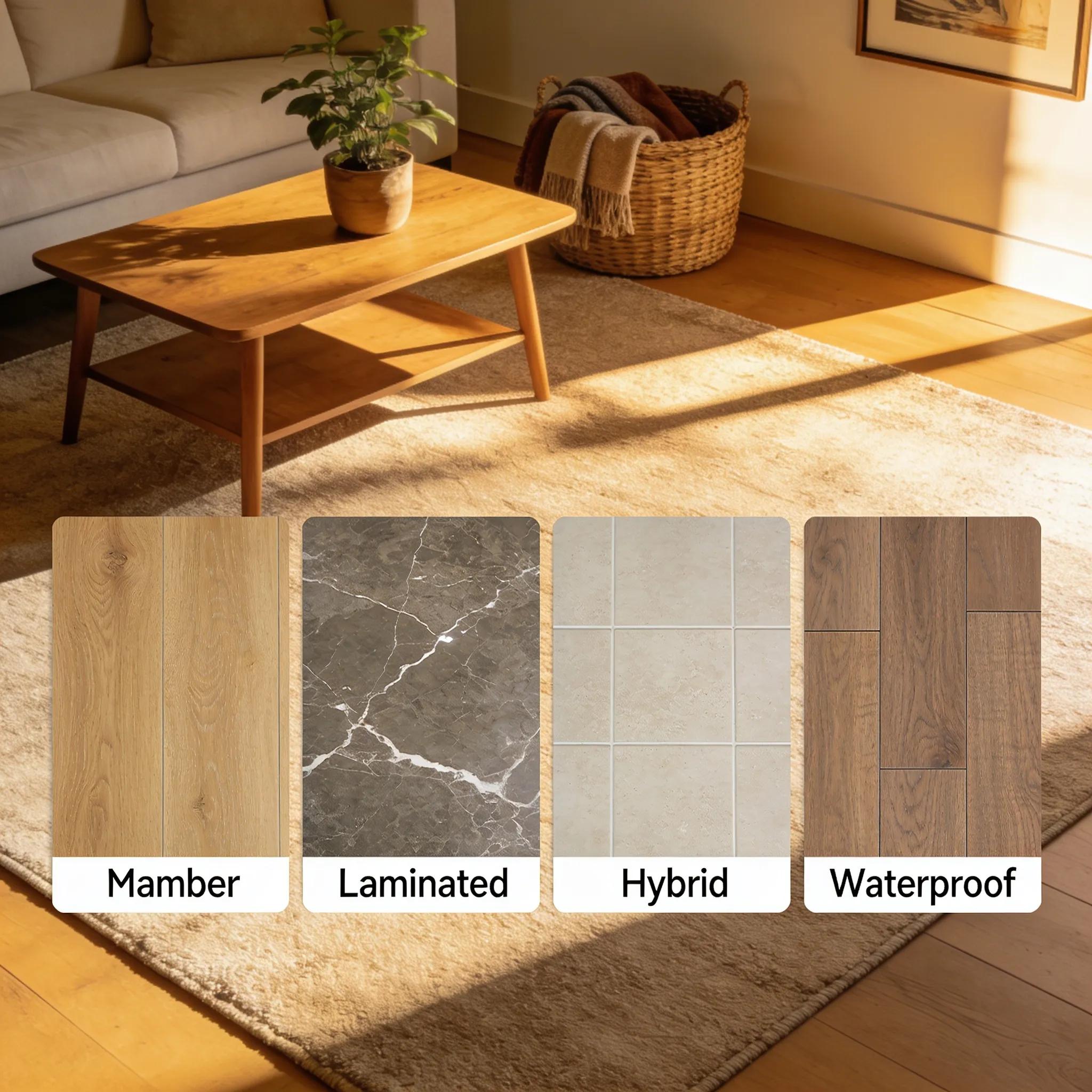 Variety of flooring types including timber, laminate, vinyl, and hybrid displayed in a cozy home setting