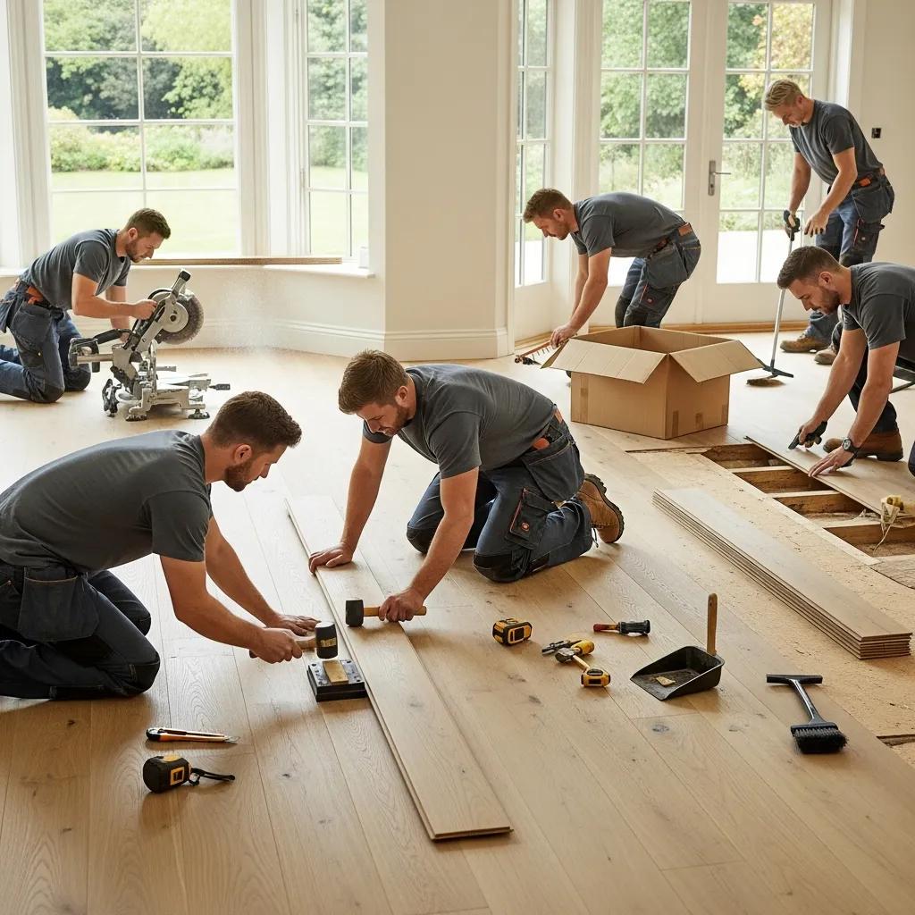 Professionals installing high-quality flooring in a recently renovated living room, illustrating the advantages of expert help