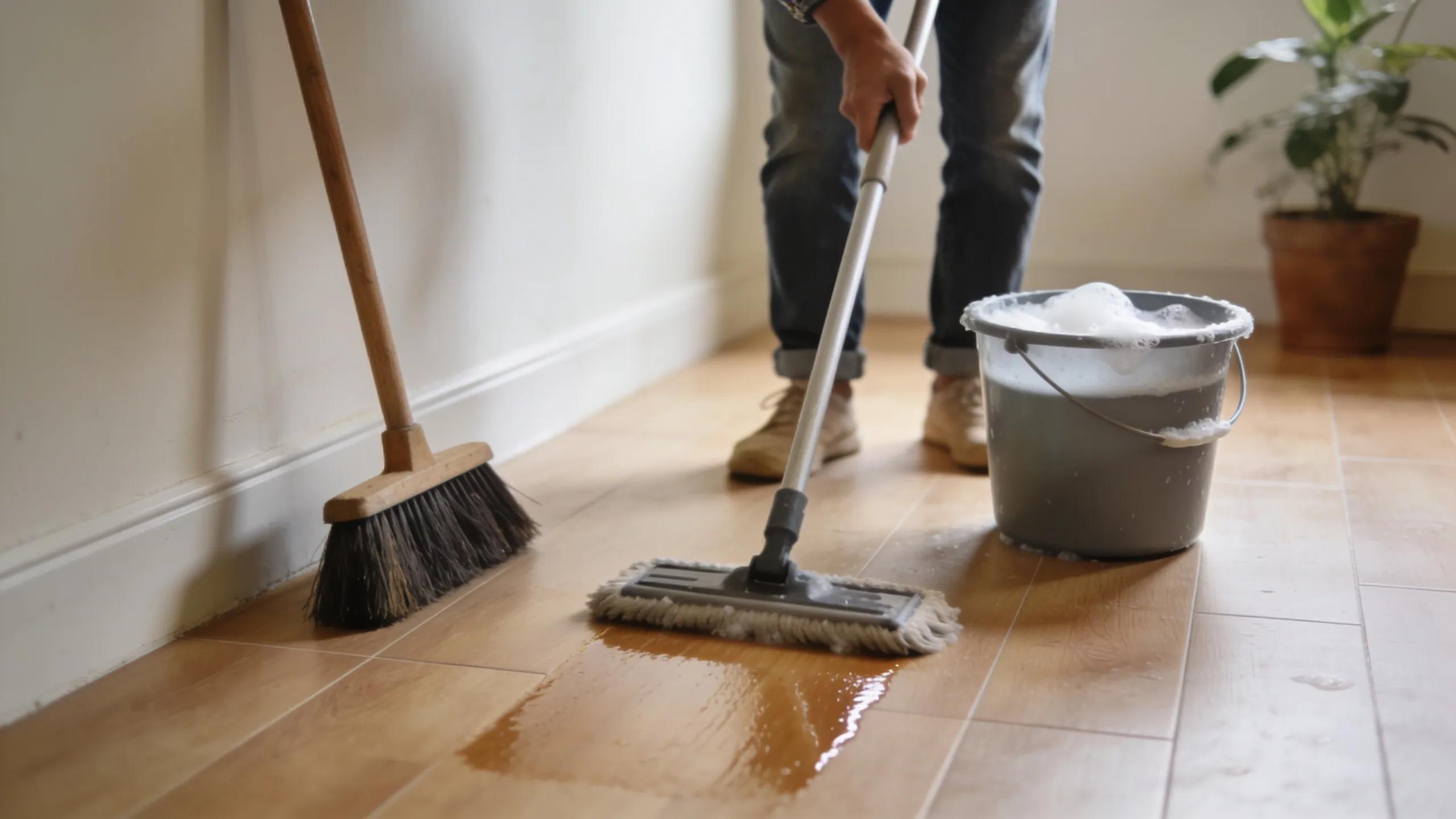 Homeowner cleaning laminate flooring with cleaning tools in a tidy environment